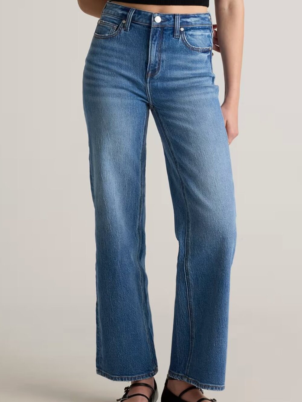 Quincy Bella Stretch Relaxed Straight Jeans High Waisted Medium Wash